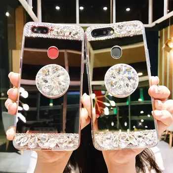 Srčkan Kristalno Diamond Držite Stojalo Ogledalo Primeru Telefon Za iPhone 11 12 Mini Pro Max Samsung Galaxy S20 Opomba 20 Plus Ultra