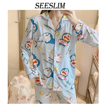 Tonngirls Dekleta Pižame Nastavite Srčkan Pomlad Prosti Čas Sleepwear Za Ženske Risanka Natisnjeni More Homewear Doraemon Obleko Pižame