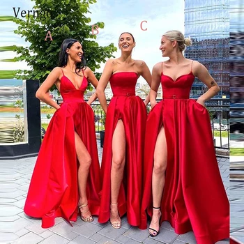 Verngo Novo 2021 Rdeče Saten Dolgo Družico Obleke Preprosto Poročno Zabavo Halje Z Rezanimi Žepi Mešani Slog Devica Čast, Obleko