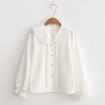 šifon belo bluzo žensk pomlad dolg rokav kawaii vrhovi in bluze sladko Peter pan ovratnik dekle blusas mujer de moda 2020