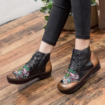 Ženske boot jeseni, pozimi vezenje Kitajski nacionalni slog kratke čevlji plus žamet bombaž čevlji retro usnje ravno ženske boot