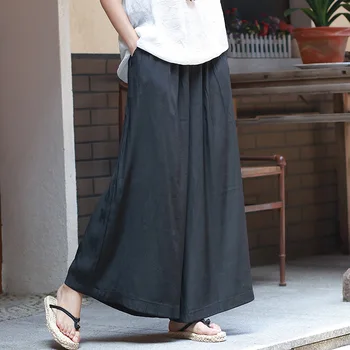 ženske pomlad poletje svilene hlače črne hlače cuprammonuium pantalon mujer svoboden širok noge hlače elastični pas culotte