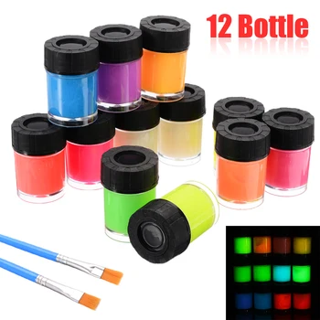 12 Steklenico Fluorescentne Barve Nove Neon Žareče Akril Barve Žareti v Temno Pigment Set & 2 Čopič Za Papir, Stene iz Mavca