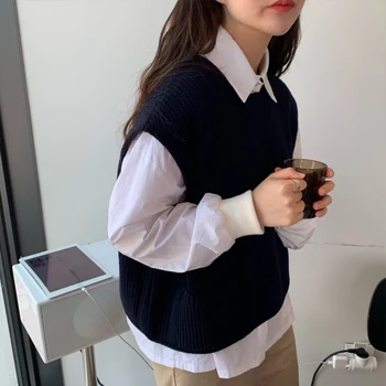 2 barvi pulover telovnik pulover jeseni, pozimi korejski elegantna dodatki slog kratke pleteni pulover majice brez rokavov jopica ženska (C9319)