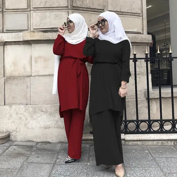 2019 Nov Modni Preprost Sveže Muslimanskih Čipke Obleko Turški Marocain Abayas Za Ženske, Hidžab Oblačila Islamske Dolgo Majico, Hlače Komplet