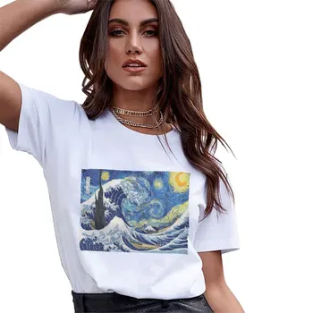 2019 Poletje Plus Velikost Ženske Majica Fashion Letnik Van Gogh Umetnosti Oljno sliko Natisniti Krog Vratu T-shirt Kratek Rokav Haut Femme