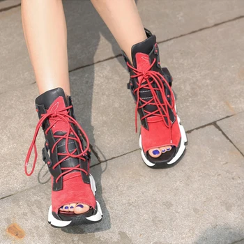 2020 nov poletni športni sandali boot ženski usnjeni čipke-up debel-soled notranje povečanje Roman študentske športne sandale