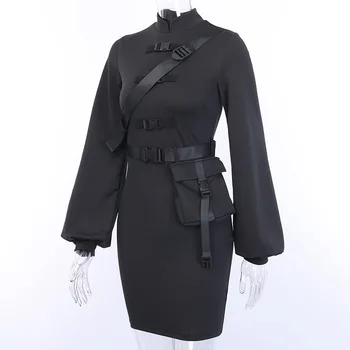 2020 Novo Gotsko Punk Črne Sponke Mini Bodycon Obleko Retro Svetilka z dolgimi rokavi Ženske Obleke Ulične