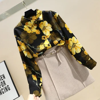 2021 Pomladni Vintage Modis Svoboden Vrhovi Cvjetnim Tiskanja Šifon Bluzo Z Dolgimi Rokavi Ženske