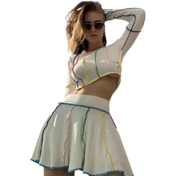 2Pcs Moda za Ženske Jeseni Obleke, Kompleti O-Vratu Dolg Rokav Tesen Vgradnjo T-Shirt + Visoko-Počakajte Mini Krilo High Street Obleko za Dekle
