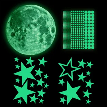435pcs Zvezde Pike Zelene Svetleče Stenske Nalepke Igrače s 30 cm Luna Otroci Soba, Strop Stopnicah Dekoracijo Fluorescentna Nalepka