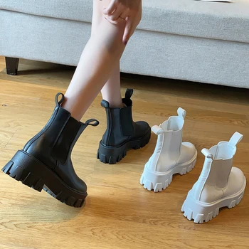 ADBOOV Debel Edini Chelsea Škornji Ženske Zdrsne Na Škornji Usnjeni Platformo Škornji Ženske
