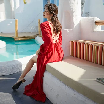 Dolge Rdeče Backless Ženske Obleke Poletje 2020 Maxi Elegantno Vzletno-Pristajalne Steze Stranka Obleko Korejski Letnik Šifon Tropski Plaži, Počitnice Obleko