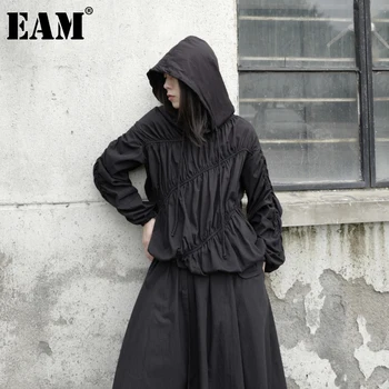 [EAM] Žensk Black Naguban Split Temperament Velike Velikosti T-shirt Novo HoodedLong Rokav Moda Plima Pomlad Jesen 2021 1DB158