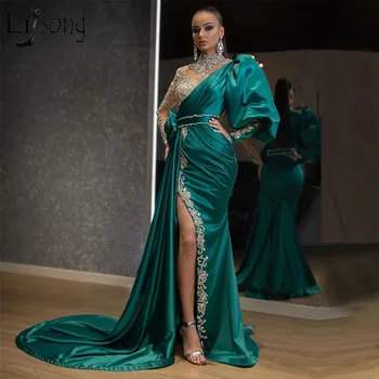 Elegantna Arabski Večerne Obleke 2020 Visoko Vratu Beaded Okrasnih Strani Split Zelena Seksi Prom Obleke Z Dolgimi Rokavi Formalno Stranko Obleko