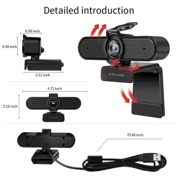 ETICIAN Webcam 2K Samodejno Ostrenje USB Full HD Web Kamera z Mikrofonom Cam za Mac Prenosni Računalnik Video Live Streaming Android TV