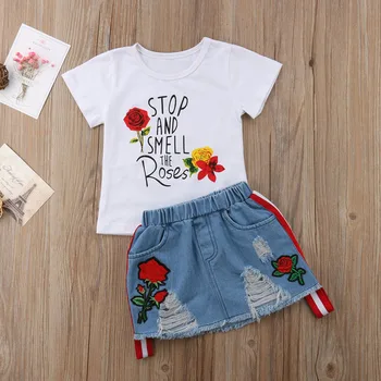 FOCUSNORM Nov Modni 2PCS Otroci Baby Dekle Poletne Obleke T-shirt Vrhovi+Denim Rip Stranka Obleko Oblačila UK
