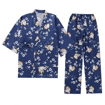 Japonski Kimono Style Pajama Ženske Moški Par Mačka Tiskanja Vzročno Homewear Tradicionalna Oblačila Znoj Spa Vrh Hlače Yukata Haljo Set