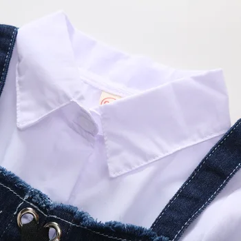 Jeansa Obleko 2020 Jeseni Malčka Dekle Pade Oblačila 2PCS Belo Bluzo Elegantna Dolg Rokav Vrhovi z Korzet Otroci Obleko Set