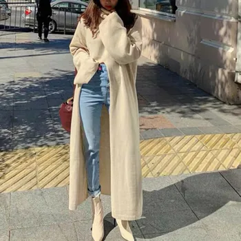 Jeseni Leta 2020 Bela Turtleneck Pleteni Pulover Obleko Ženske Korejski Elegantno Visoko Pasu Split Pulover Obleko