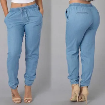 KLV Žensk elastični pas hlače priložnostno visok pas, jeans priložnostne blue jeans 6.14