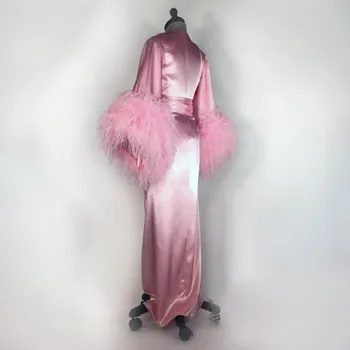 Kopalni plašč za Ženske Roza Pero Celotno Dolžino Perilo Nightgown Pižamo Sleepwear Žensk Jutranje Halje Housecoat More