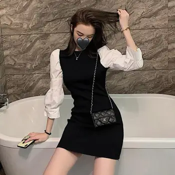 Korejske Modne Pletene Mozaik Črna Mini Obleka Jeseni Francoski Vintage O Vratu Obleko Puff Rokav Bodycon Stranka Obleko Vestidos
