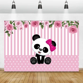 Laeacco Rojstni Dan Fotografije Kulise Roza, Bele Proge Cvetje Panda: Bambus Fotografske Okolij Baby Tuš Photocall