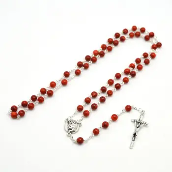 Lepa rdeča korala okrogle noge katoliški rožni venec, ročno izdelana ogrlica
