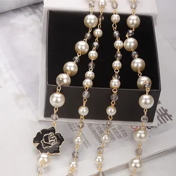 Luksuzni vzoren načrt camellia biser dolgo pulover verige ogrlica ženska stranka Kristalno Dvojno ogrlica dodatki