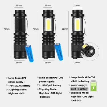 Mini USB Polnilna LED Bliskavico Uporabljajte XPE + svetilka COB kroglice 100 metrov razsvetljavo razdaljo, Uporabljeno za avanturo, kampiranje