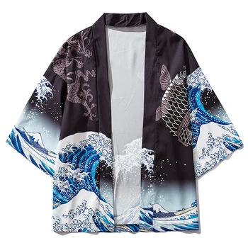Moda Val Tiskanja 2021 Poletje Hip Hop Vrhovi Moških Japonski Slog Spredaj Odprti Coats Poletje Svoboden Japonski Kimono Jakna