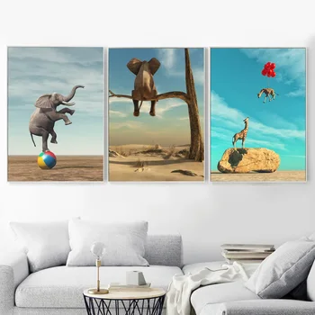 Nadrealizma Slon, Žirafa Wall Art Platno Slikarstvo Nordijska Plakatov In Fotografij Živali Stenske Slike Za Dnevni Sobi Doma Dekor