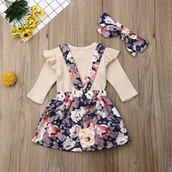 Newborn Baby Dekleta Obleke Cvetlični Long Sleeve Solid Color Romper+ Cvetlični Obleko 3pcs+Cvetlični Glavo Jeseni, Pozimi Obleko