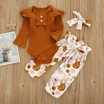 Newborn Baby Girl Obleke, Kompleti Dolg Rokav Ruffles Romper Baby Telo Obleko Komplet+cvetlični Hlače Modne Obleke Set