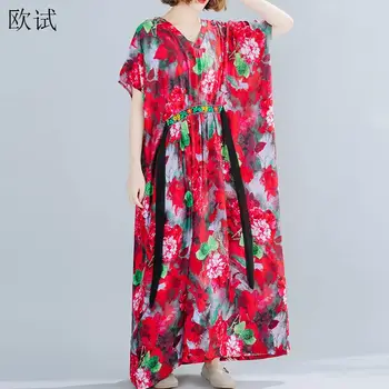 Plus Velikost Cvet Boho Poletni Cvetlični Maxi Obleka Ženske 4XL 5XL 6XL 7XL 8XL Ženske Obleke Haljo Femme Tiskanja Bombaž Priložnostne Obleko
