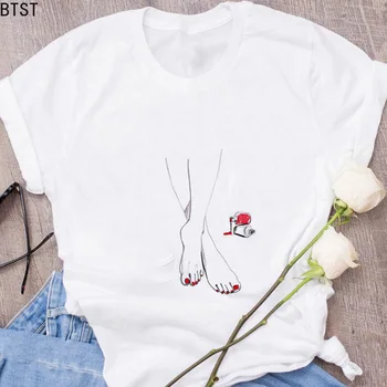 Poletje 2020 Lepe Noge Šminka Rdeča lak Tiskanja Modi Majica s kratkimi rokavi Ženske Ilustracije korejski Oblačila Tumblr T-shirt Femme