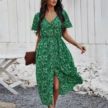 Pomlad Poletje S-Line Letnik Tiskanja Zeleno Obleko za ženske 2021 Plaži priložnostne vestidos boho maxi dolge obleke Obleke ženska obleka
