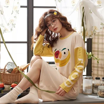 Pozimi Koreja Ženske Bombažno Pižamo Obleko z Dolgimi Rokavi Ženske Pižame M L XL 3XL 2XL Nightgowns Ženske Dolg Rokav
