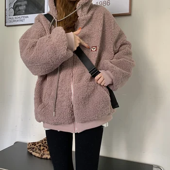 Pozimi Womne Hooded Debel Suknjič Ženska Moda korejski Zip Plus Velikost Teddy Krzno Plašč Gospe priložnostne Mehko Loose Fur Suknji Vrhovi