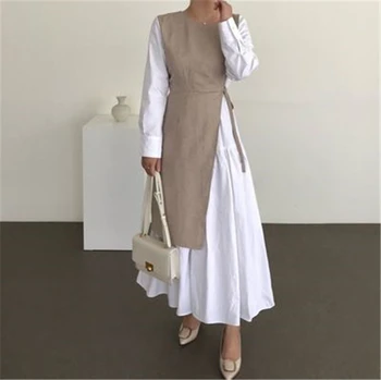 RUGOD francoskem Slogu Mozaik Jeseni Maxi obleke za Ženske Trdna Dolgimi Rokavi Ženske Obleka Ohlapno Modna Ženska Obleka