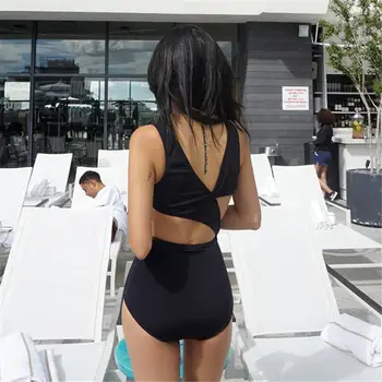 Seksi Izrezan En Kos Kopalke Trdna Kopalke Ženske Povoj Monokini Odpri Nazaj Trikini Črne Kopalke Visoko Vratu Plažo