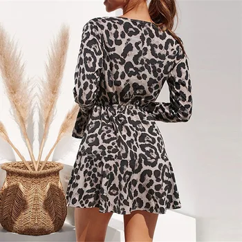 Seksi Leopard Tiskanja Obleka Ženske Mode V-neck Visoko Pasu Čipke Gor Gospe Stranka Obleko z Dolgimi Rokavi Šifon Obleke S-XXXL
