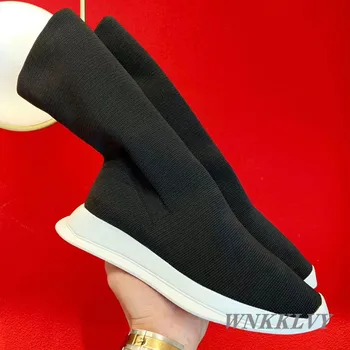 Sredi tele Škornje, Ženske elastične stretch pletene nogavice, Čevlji Dame ravno platformo 2020 vzročno čevlji Jeseni škorenjčki snekers