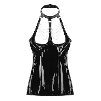 TiaoBug Ženske Črna Umetno Usnje Bodycon Obleko Povodcem Izpostavljeni Prsi Rese Verige Nočni Klub Slim Fit Erotični Vroče Seksi Mini Obleka