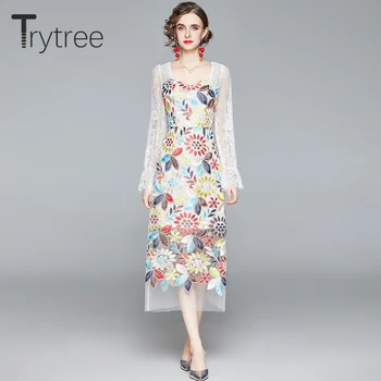 Trytree 2021 Pomlad Poletje Ženske noše Priložnostne Čipke Metulj Rokav Očesa Mozaik Vezenje Cvetlični Elegantno High Street Obleko