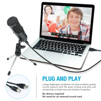 USB Kondenzator Mikrofon za Snemanje zvoka Mic Za PC Računalnik Laptop Poklicne Studio Mikrofoni S Stojalom Za Youtobe VK