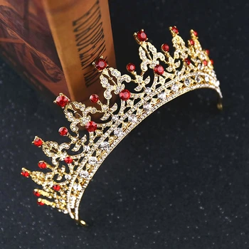 Vintage Zlato Krono Za Nevesto Red Crystal Royal Krone Tiaras Ženske Lase, Nakit, Poročni Princesa Nosorogovo Krono