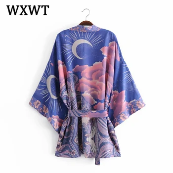 WXWT Ženske Bombaž Položaja Vode Tiskanja S Pasom Kimono Plašč 2021 Modni Ženski Priložnostne Svoboden Outwear Elegantna Vrhovi LP8571