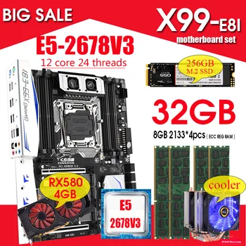X99-E8I Motherboard glavnik LGA2011-3 E5 2678 V3 Procesor 4pcs 8GB 2133 = 32 GB ECC Pomnilnik z 256GB M. 2 SSD RX580 4GB +Hladilnik